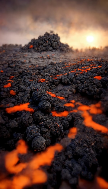 Apocalyptic volcanic landscape with hot flowing lava and smoke and ash clouds 3D illustration