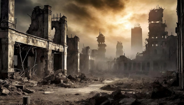Apocalyptisch concept ruïnes van een verlaten stad oude gebroken gebouwen donkere naoorlogse apocalyps