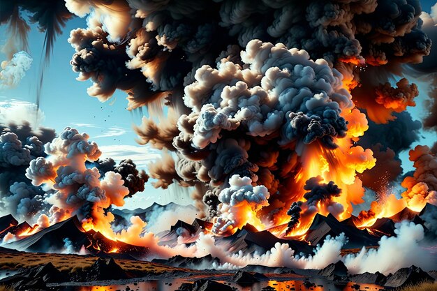 Apocalyptisch landschap, brandende aarde en bergen, rookgolven die de lucht in stijgen.