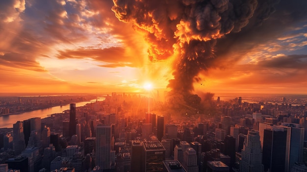 Apocalyptisch stadsbeeld met een dramatische explosie in de stedelijke skyline bij zonsondergang concept voor ramp of kat