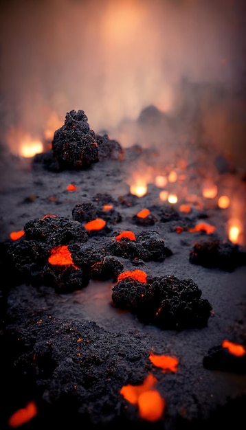 Apocalyptisch vulkanisch landschap met hete stromende lava en rook en aswolken 3D illustratie