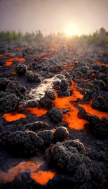Apocalyptisch vulkanisch landschap met hete stromende lava en rook en aswolken 3D illustratie