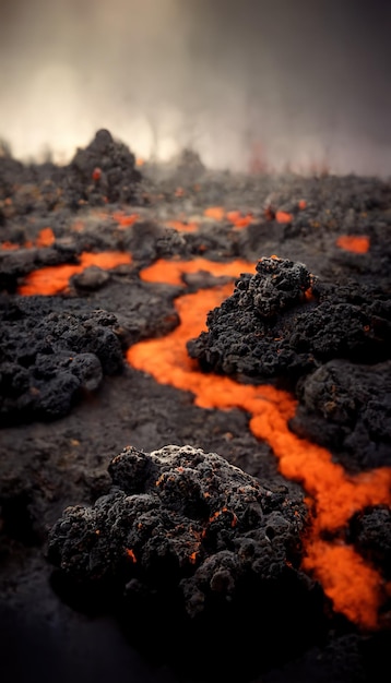 Apocalyptisch vulkanisch landschap met hete stromende lava en rook en aswolken Digitale afbeelding