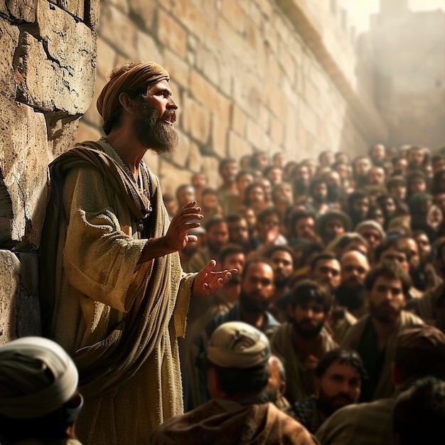 Photo apostle peter in front of a crowd on the day of pentecost