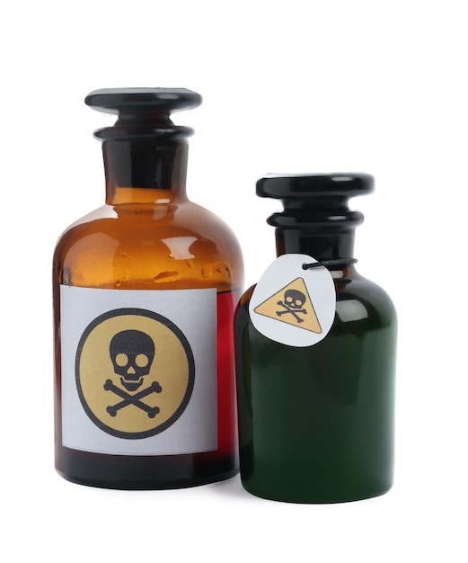Photo apothecary bottles with poison on white background