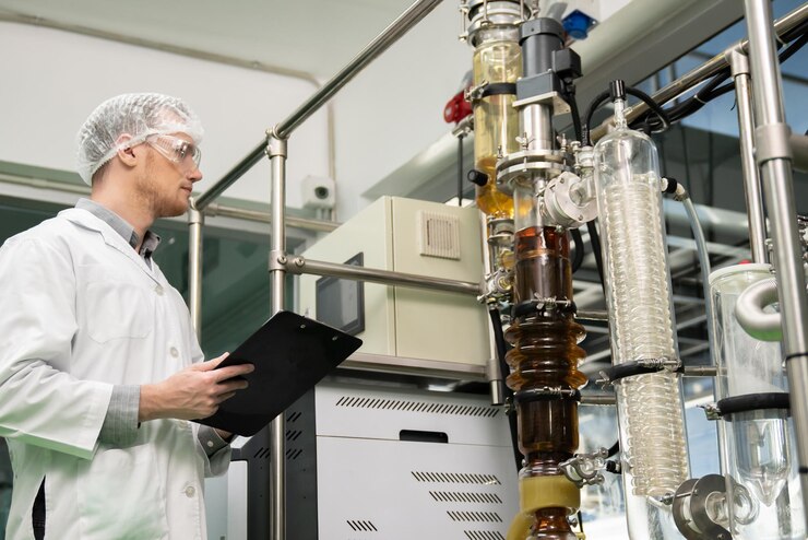 Photo apothecary scientist recording data from cbd oil extractor in laboratory