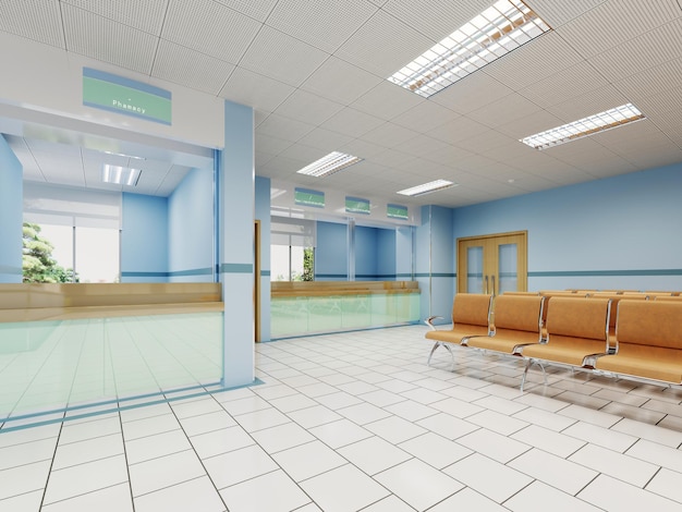 Apotheek en registratiekantoor voor het opnemen van patiënten in het ziekenhuis 3D-rendering