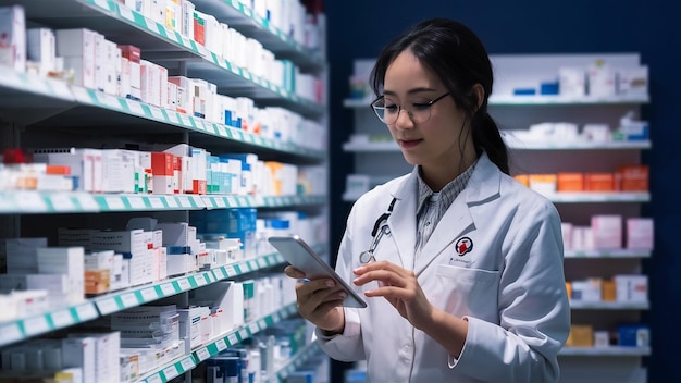 Apotheker met tablet bij de plank vol medicijnen in de apotheek en controleert de beschikbaarheid van medicijnen