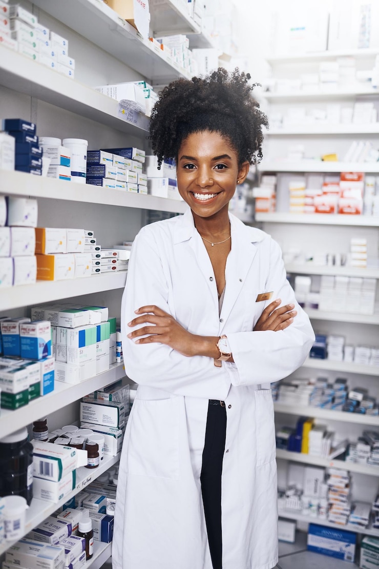 Foto apotheker portret en zelfverzekerde zwarte vrouw in de kliniek voor gezondheidszorg medicijnen en apotheken advies glimlach vrouwelijke persoon en armen gekruist voor medische consultant pillen distributie en wellness