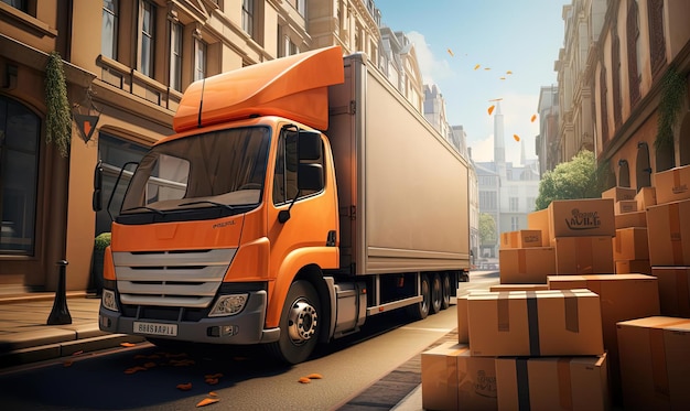 Фото Приложение доставка загрузки грузовика с коробками на улице в стиле тщательно фотореалистичный все еще