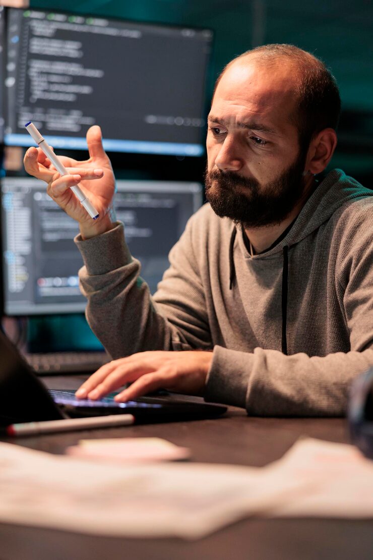 Photo app developer brainstorming ideas about coding solution, finding algorithm to create database script. feeling pensive and thinking about software developing system late at night.