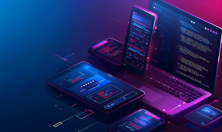 Photo app development with coding and web design data technology website mobile app icon programming language script design concept