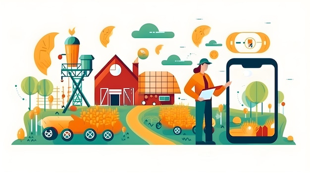 App for farms that works with artificial intelligence Agricultural technology organic farming and quality control Vector illustration Generative ai