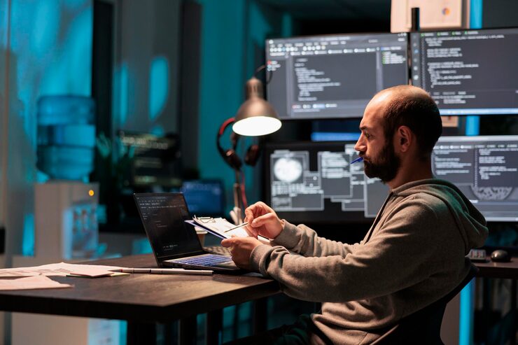 Photo app programmer comparing data on papers and multple screens, working late at night on it programming analysis. coder looking at html script and information on clipboard files in office.