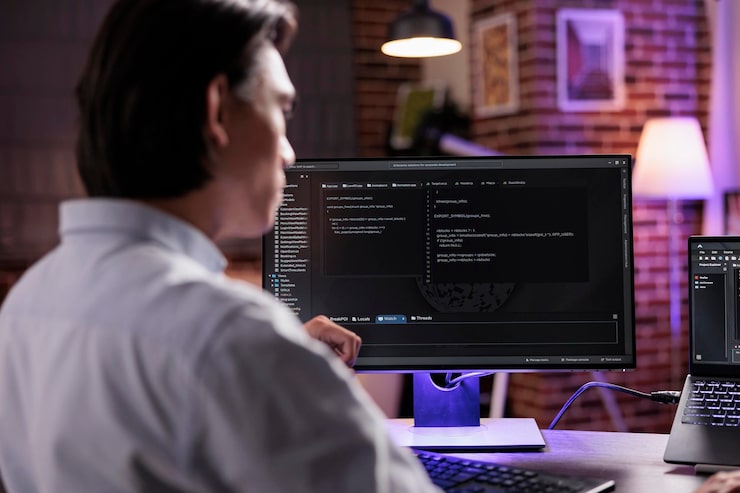 Photo app programmer using binary code to script security system, programming firewall encryption. working with program data server to develop network on coding software, using advanced app interface.