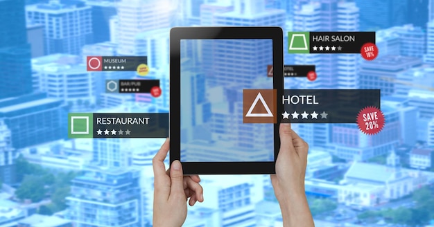 App review locations in augmented reality with city buildings