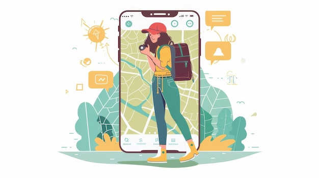 Photo an app for travelling featuring a girl tourist with a photo camera while on vacation tourism journey world tour linear concept with an image of a young woman walking and snapping pictures on a