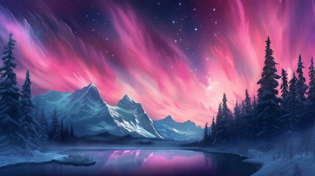 Appalling Mountains with Aurora Borealis Fuchsia Sky Foundation with copyspace Creative resource AI Generated