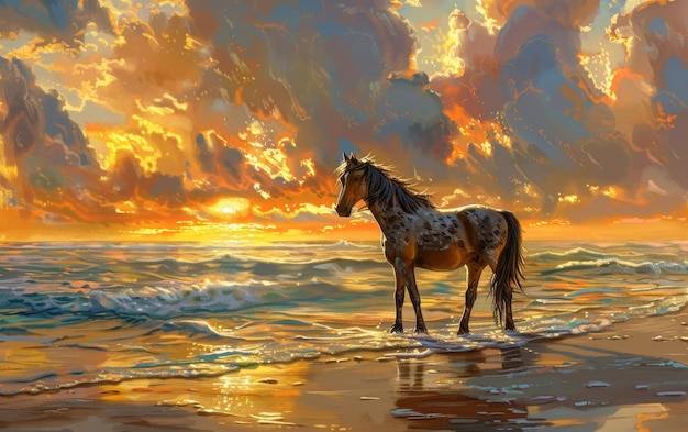 Foto un cavallo appaloosa si erge sereno sullo sfondo di un drammatico tramonto arancione e delle onde che si schiantano