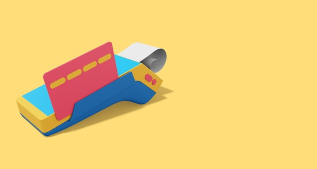 Apparaat voor NFC betalen Kleurrijke POS-terminal met creditcard en cheque Moderne machine voor girale betaling 3D-rendering op de gele achtergrondbanner met ruimte voor tekst