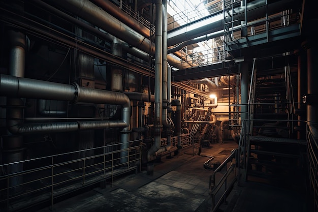 Apparatuurkabels en leidingen zoals gevonden in een moderne industriële energiecentrale In een industriële fabriek met metalen pijpleidingen Ai Generated