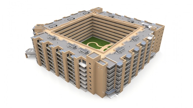 Appartement 3d-model. Appartementenhuis met een binnenplaats. 3D-weergave.