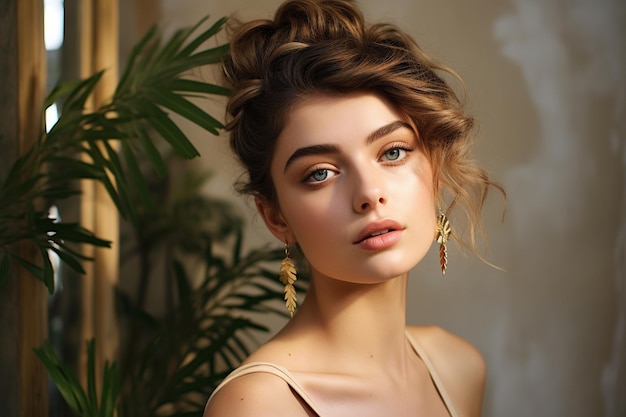 Appealing caucasian girl with plant in hair posing closeup portrait of cute european woman with gold