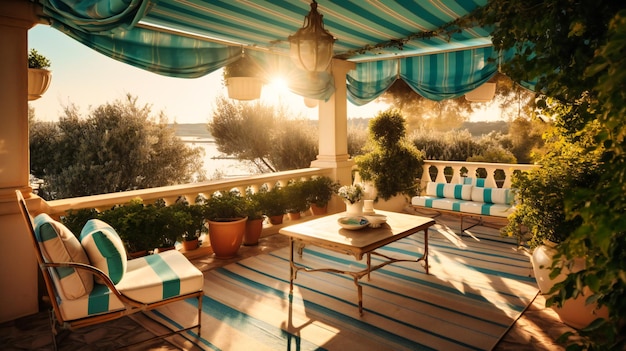 An appealing image of a sunlit terrace in a luxury summer villa offering a relaxing outdoor space with stunning views