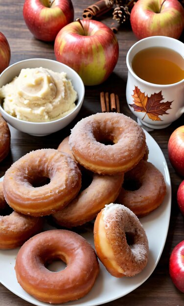 Foto appel cider thanksgiving donuts aardappelpuree en een geroosterde kalkoen