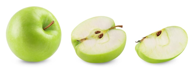 Appel geïsoleerde set. Collectie groene appel, halve en schijfje appel op witte achtergrond.