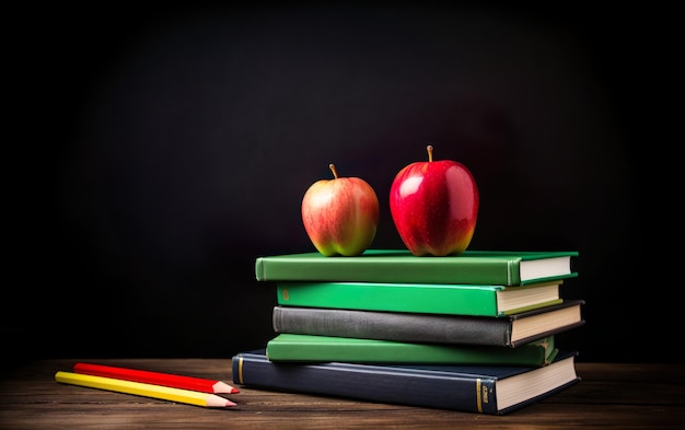 Appel op stapel boeken met potloden en leeg schoolbord AI Generatieve AI