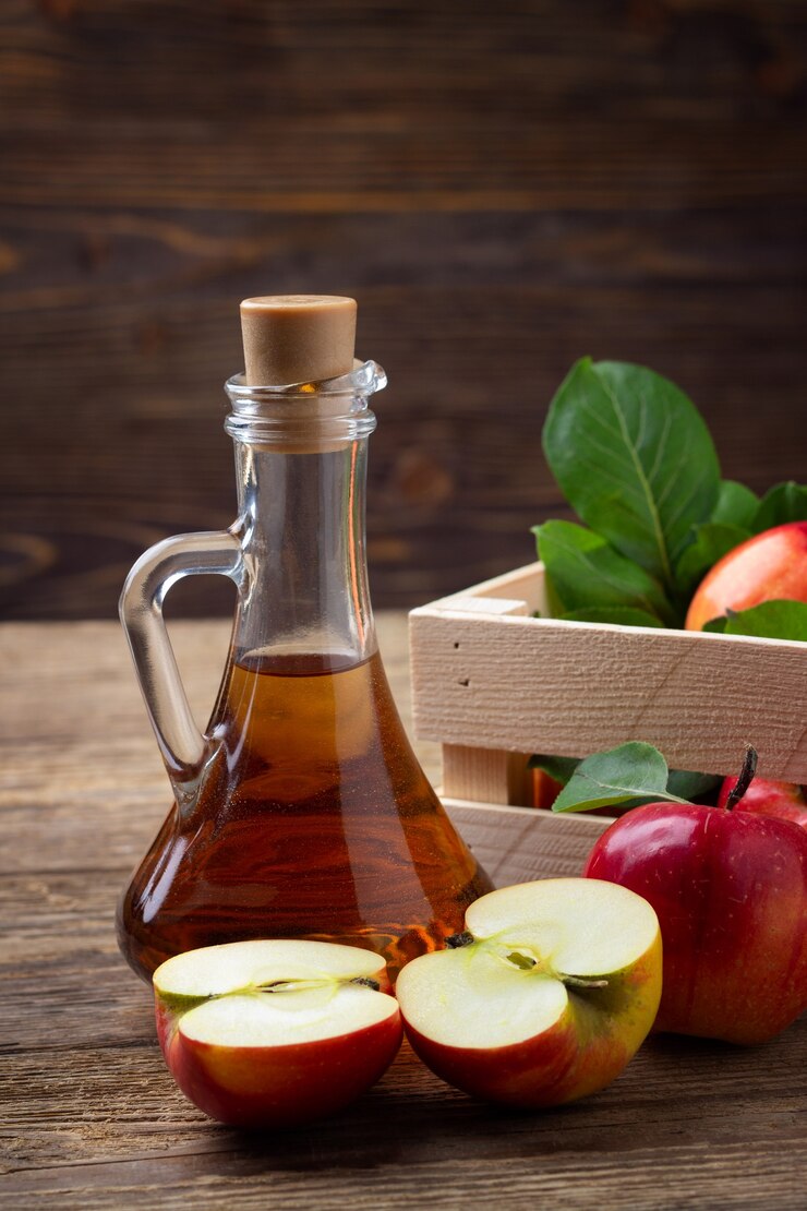 Appelazijn en verse rode appel op een houten achtergrond