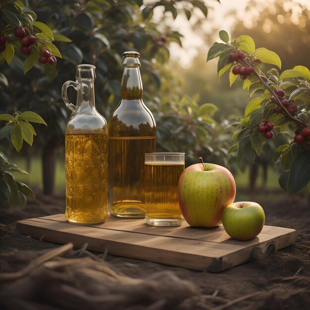 Foto appelazijn in een glazen fles en appels op een houten tafel in de tuin