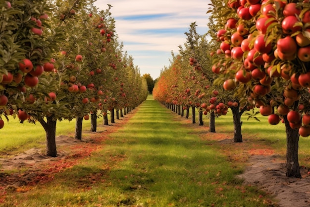 Appelboomgaarden met herfstkleuren op de achtergrond