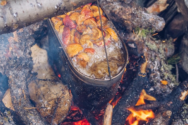 Appelcompote van vers fruit in een pot op het vuur Kamperen buitenshuis kampvuurvoedsel Buitenlevensstijl stock foto