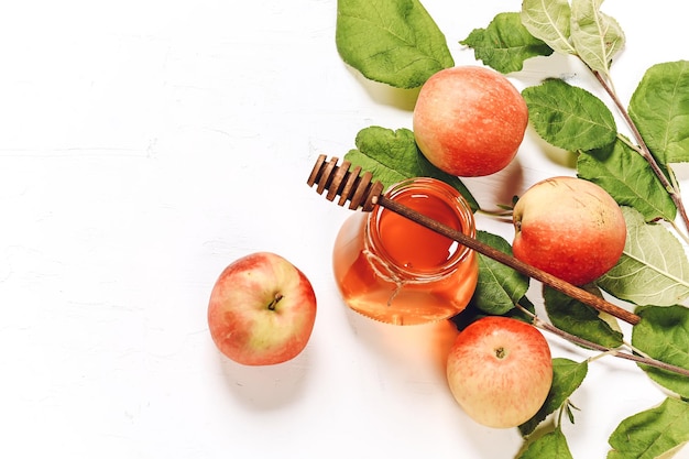 Appels en honing Herfstsamenstelling Traditionele Joodse feestdag Nieuwjaar Gelukkig Rosj Hasjana