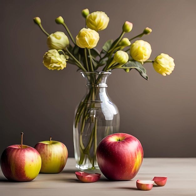 Appels in een bal bij bloemen in een vaas