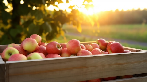 Appels in een houten kist op tafel bij zonsondergang op een houten tafel met een vage appelplantage Generatieve Ai