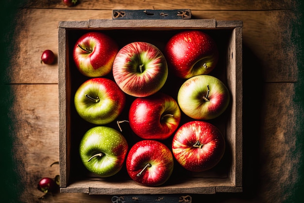 Appels in een houten kist rijp en rood Bekijk van bovenaf met ruimte voor uw schrijven