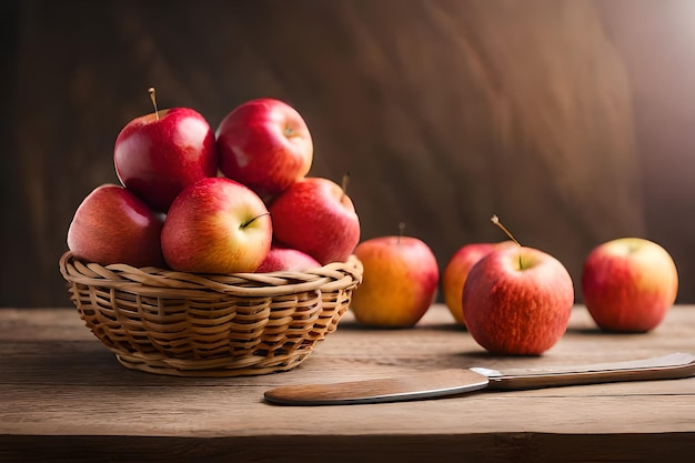 appels in een mand met een mes en een mes op een tafel.