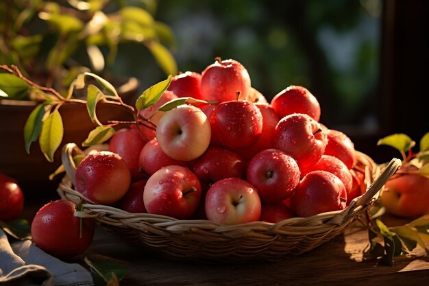 Appels in een mand op een houten tafel met zonnestralen op de achtergrond