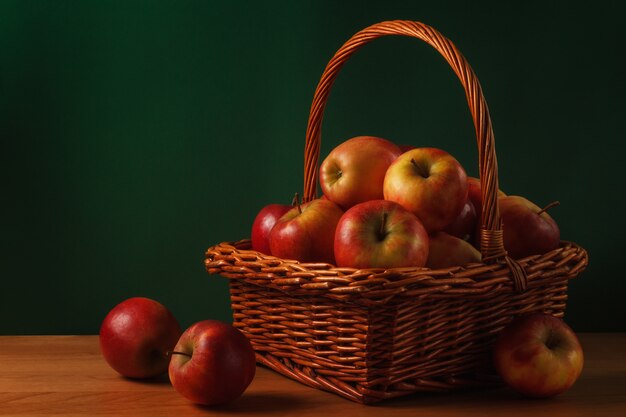 Foto appels in een mand op houten tafel