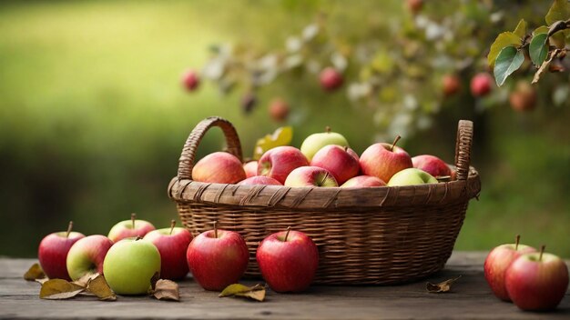 Appels in een vlechtmand op een houten tafel in de tuin