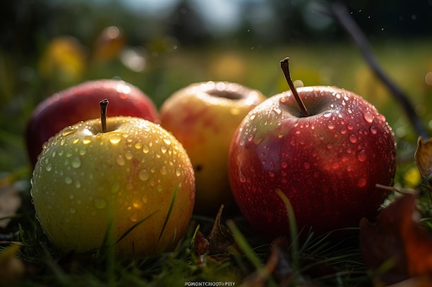 Appels in het gras met dauw erop