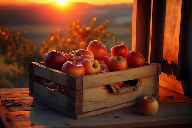 Appels In Houten Krat Op Tafel Bij Zonsondergang
