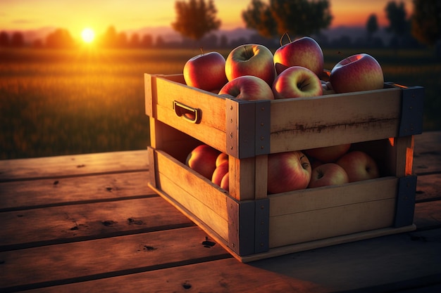 Appels In Houten Krat Op Tafel Bij Zonsondergang