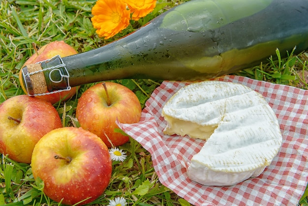 Appels met cider en camembert in het gras