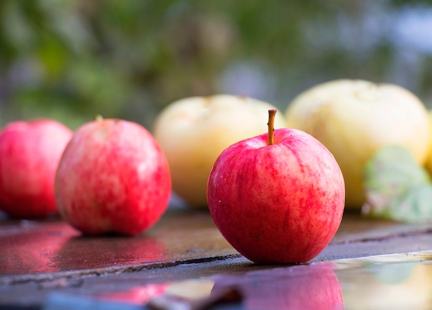 Appels op een houten tafel na een regenbui