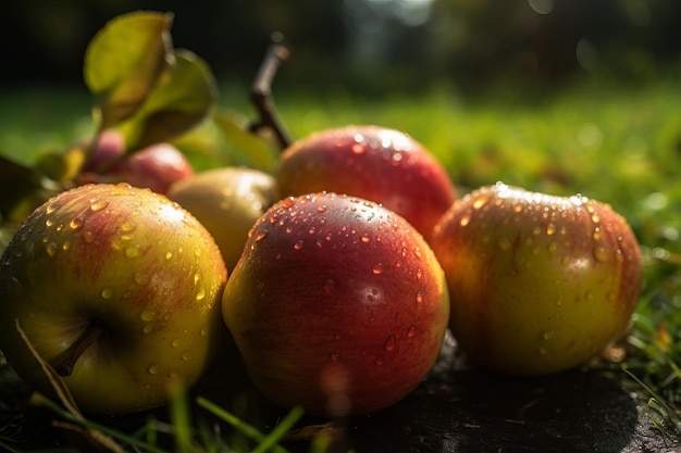 Appels op het gras met dauw erop