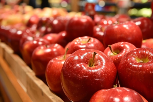 Foto appels op supermarktrekken appels op schappen in winkels biologische lokale boerenvoedsel gezonde vruchten